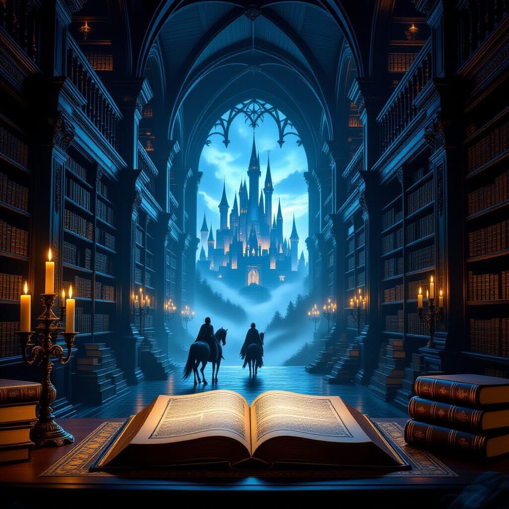Ancient Library Illuminated by Candlelight, Revealing Magica...
