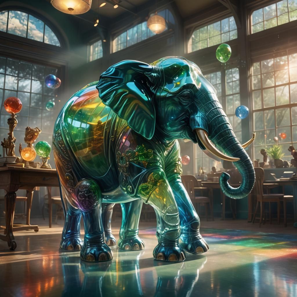 Rainbow Glass Elephant in Classroom: Fantasy Concept Art
