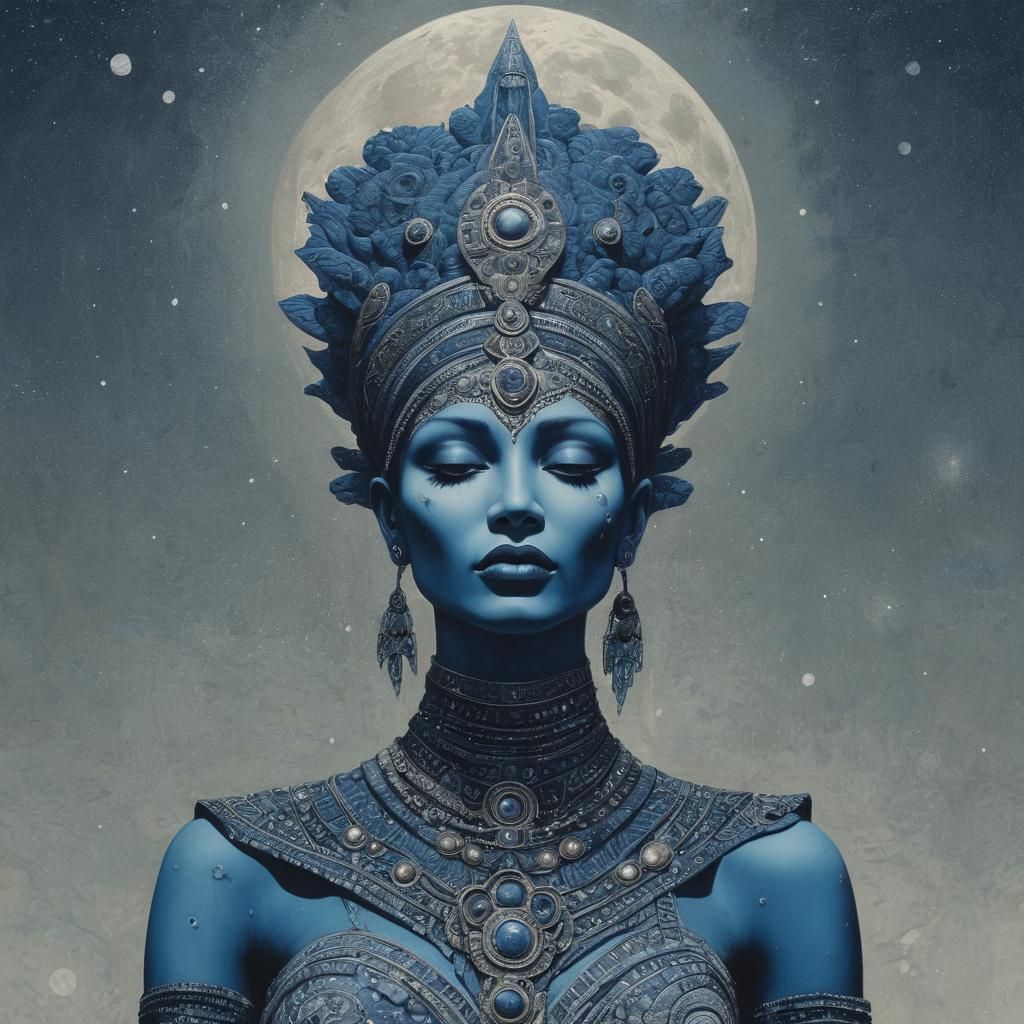 Anunnaki Deity in Moonscape Linocut Print