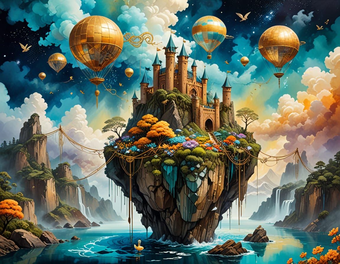 Surreal Floating Islands in Space with Castle and Airship