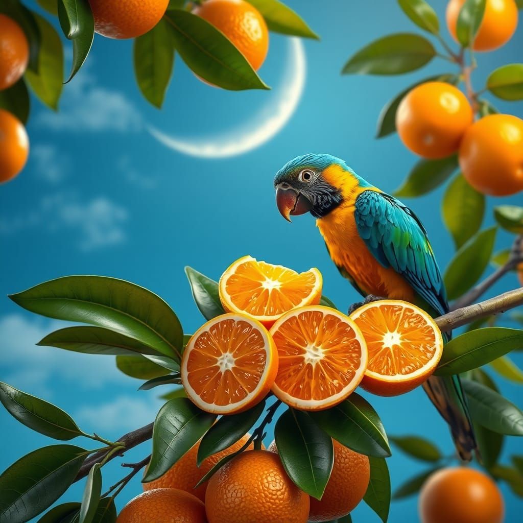 Vibrant Citrus Fruits and Parrot in Ethereal Light