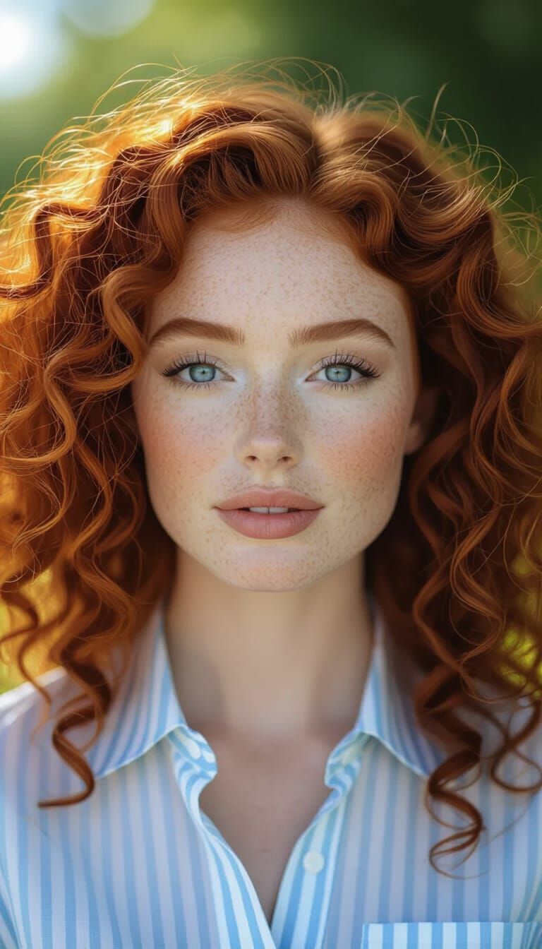 Portrait of Person with Striking Curly Red Hair and Blue Eye...