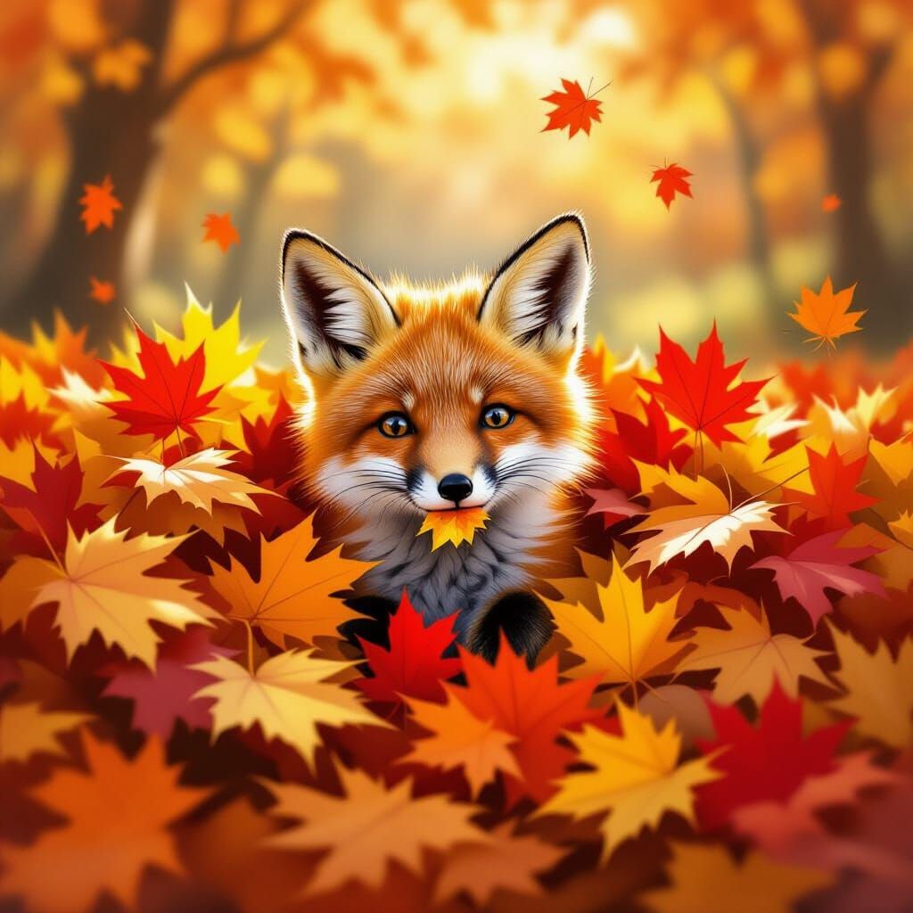 Mischievous Fox Cub Among Autumn Leaves