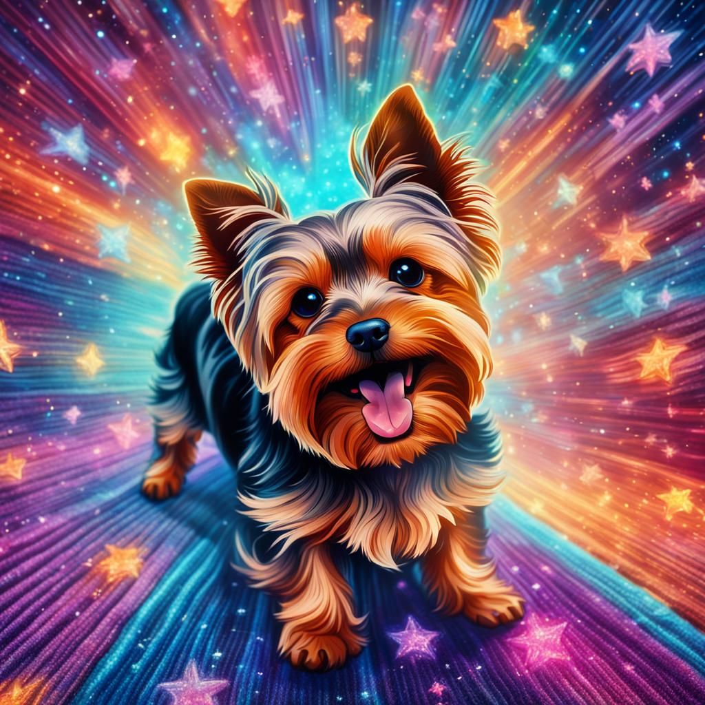 Yorkie Rolls on Carpet: Cosmic Illustration by Amaringo