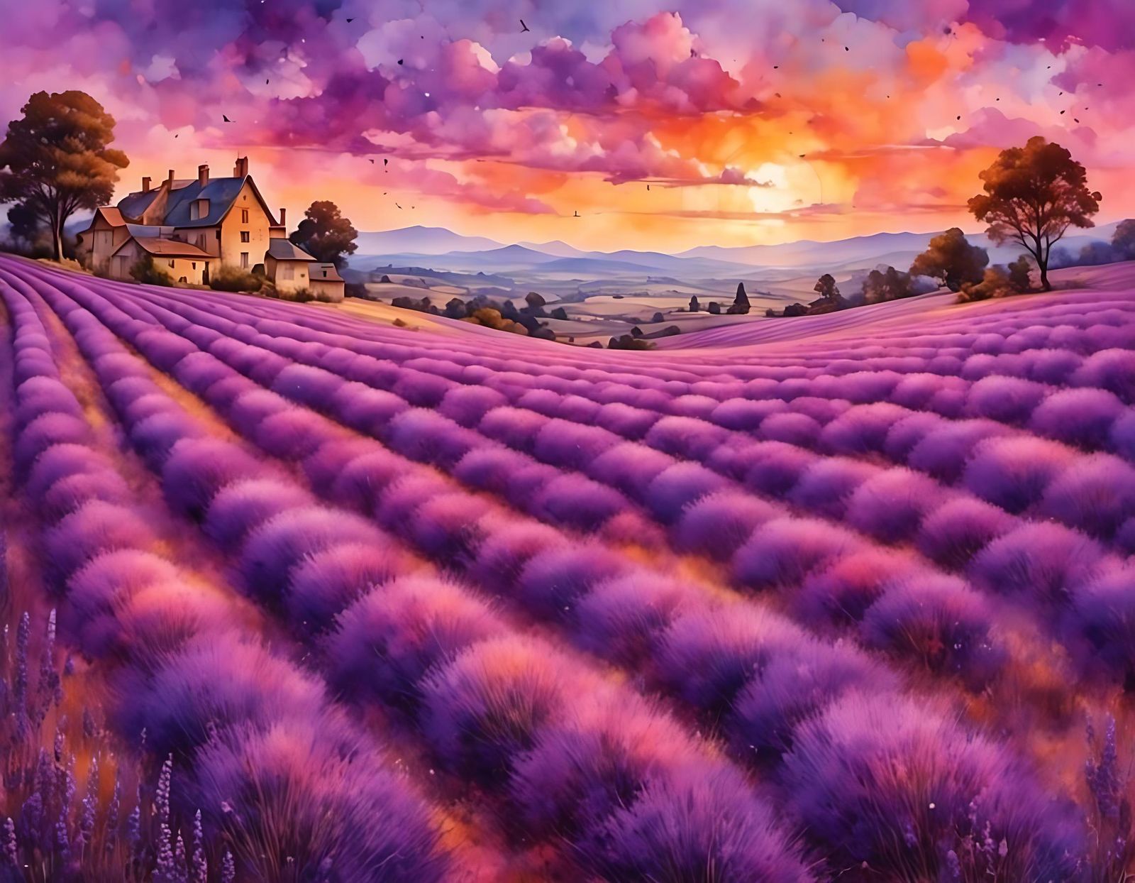 Lavender Field Sunset in Mail Art Style