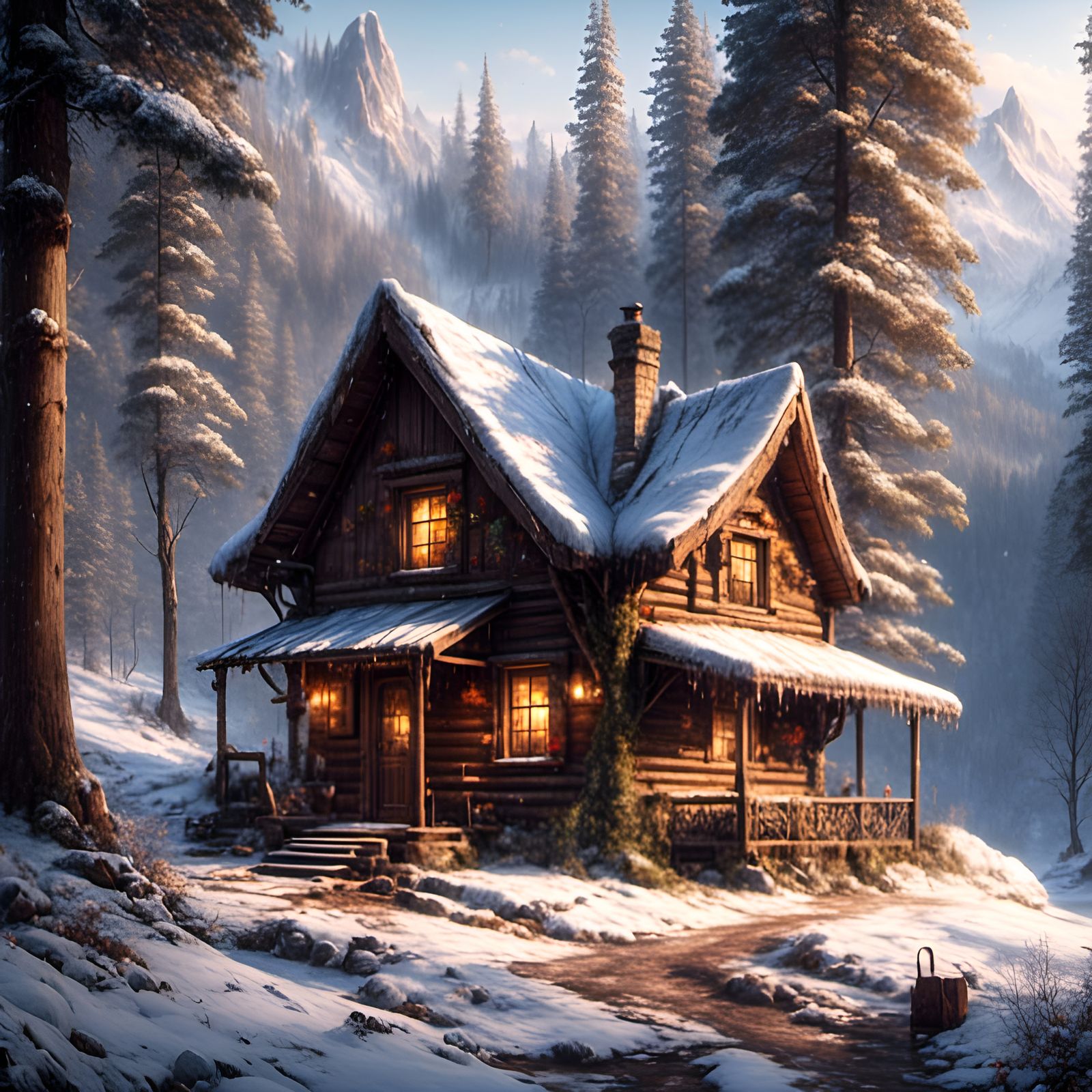 Snowy Cabin in a Winter Valley Landscape
