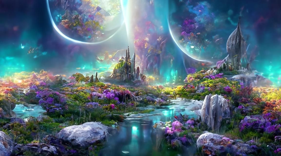 Iridescent Fantasy Landscape with Luminous Sun and Flowers