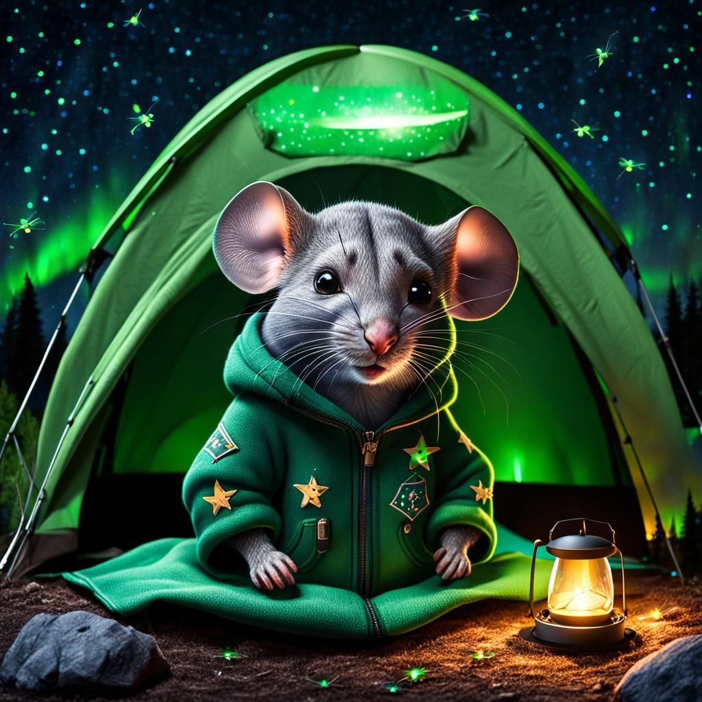Hyperrealistic Chibi Mouse Camping Under Starry Night