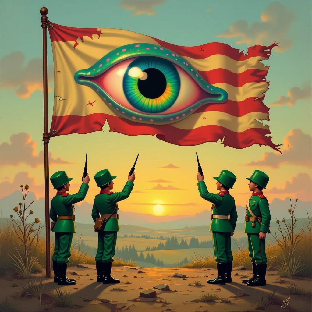 Toy Soldiers Salute Tattered Flag with Giant Squid Eye
