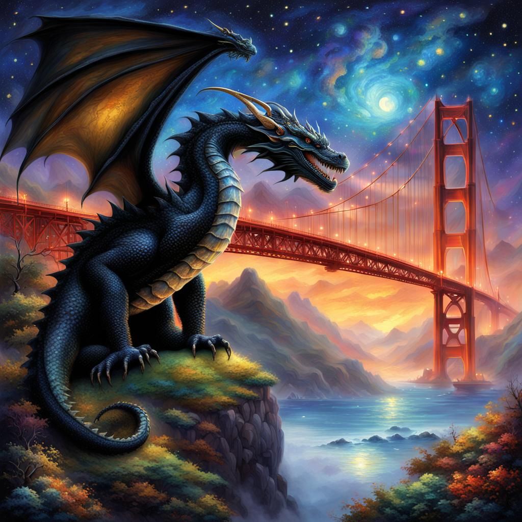 Sleeping Dragon Over Golden Gate Bridge in Fantasy Style