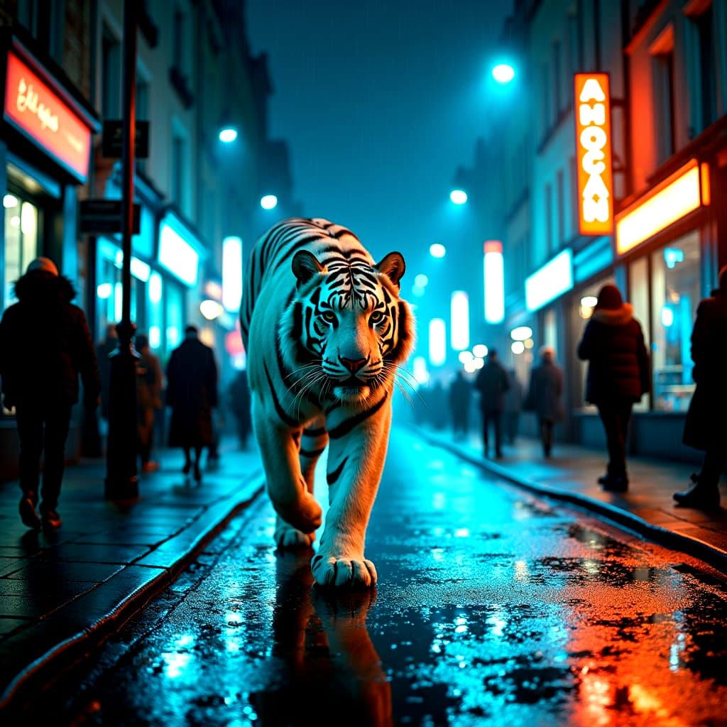 Bengal Tiger in London at Night: Cinematic Still
