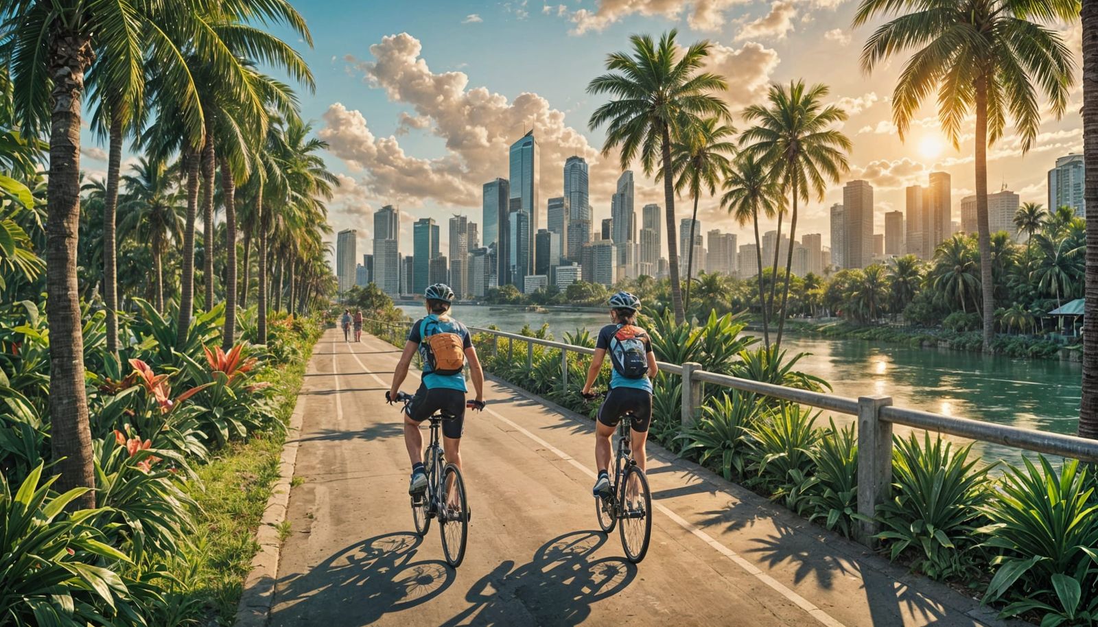 Cyclist Rides River Path with City View
