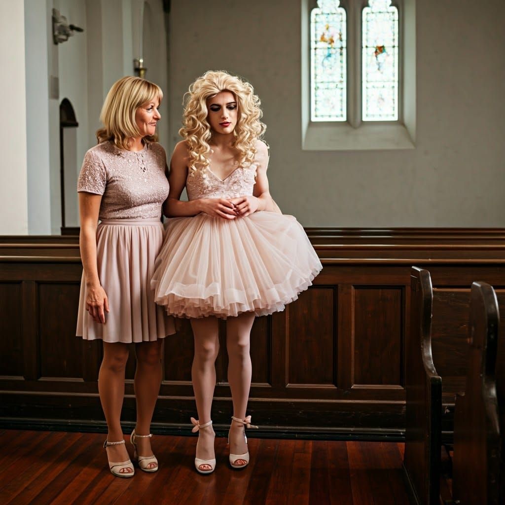 Worried Young Adult in Bridesmaid Dress at Church