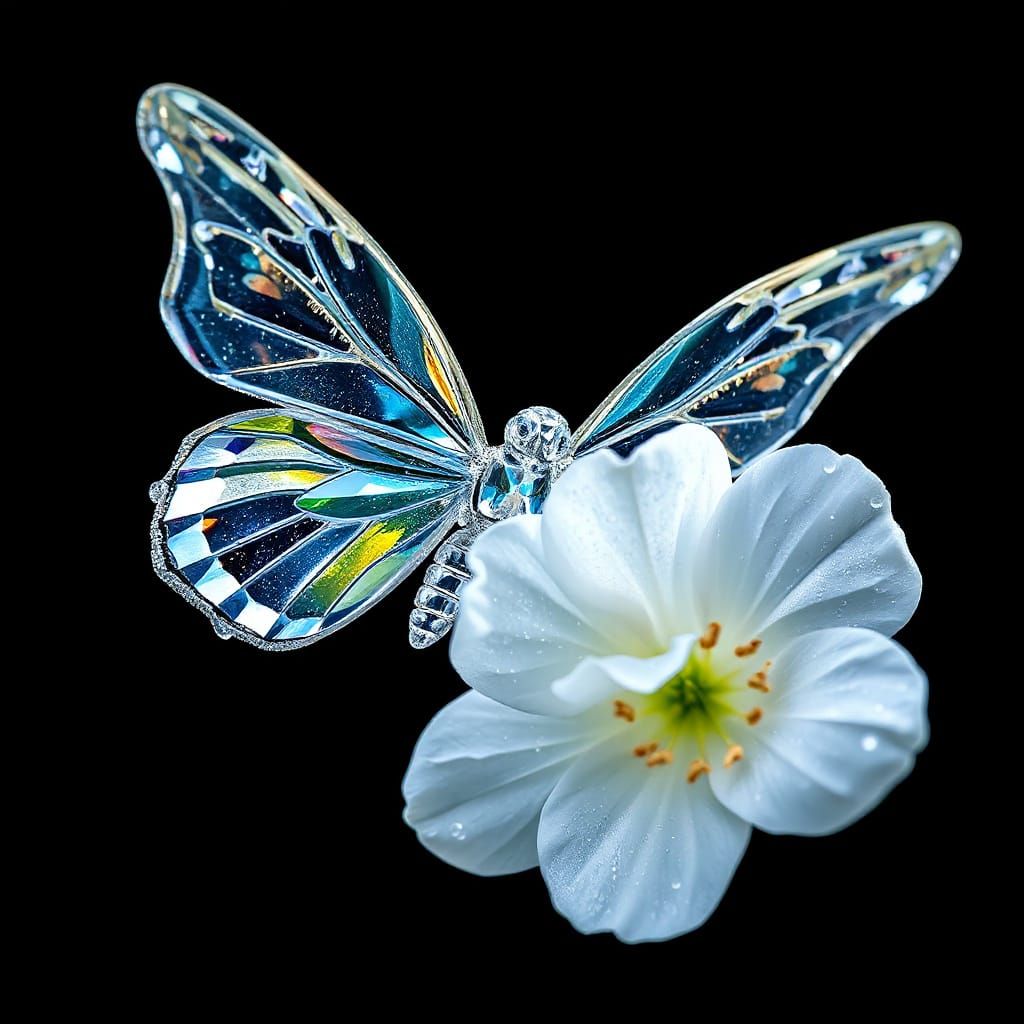 Crystal Butterfly Hovering Near Luminous Flower