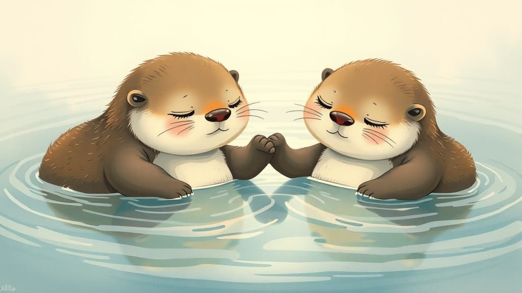 Adorable Otters Holding Hands in Sleepy Water
