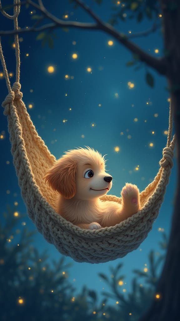 Puppy's Starry Night Dream in Children's Illustration Style