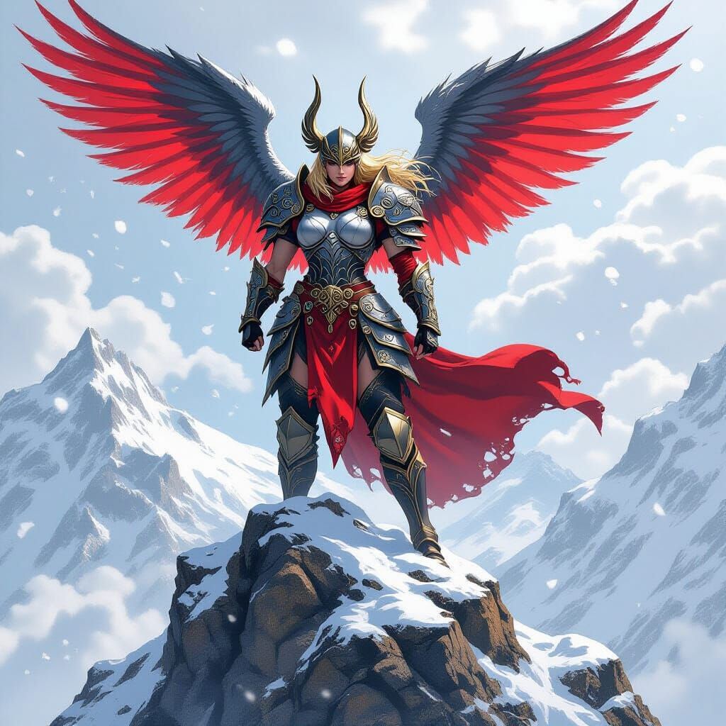 Valkyrie on Windswept Peak in Anime Style