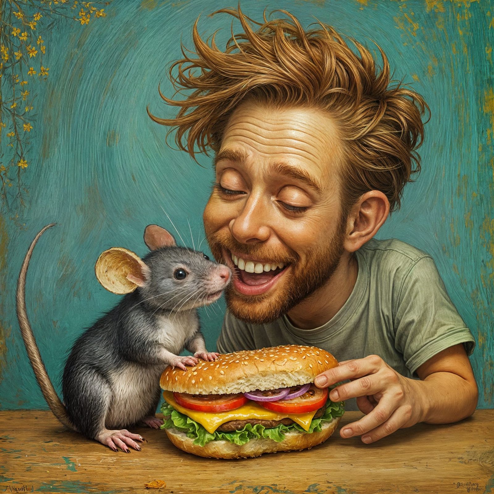 Man and Rat Sharing Sandwich as Van Gogh Painting