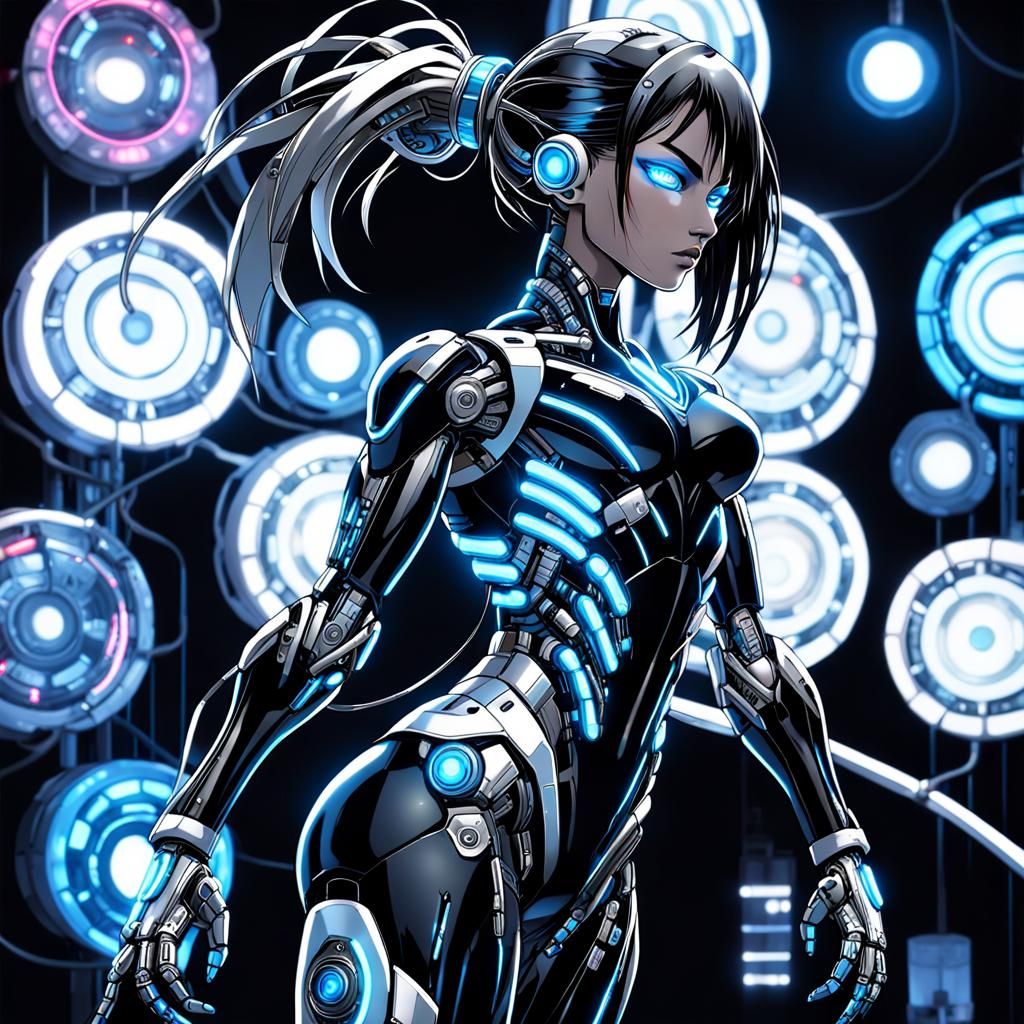 Anime-Style Cyborg Woman in Neon Metropolis