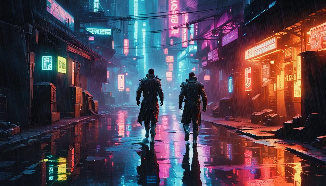 Cyborg Soldier Fight in Cyberpunk Cityscape