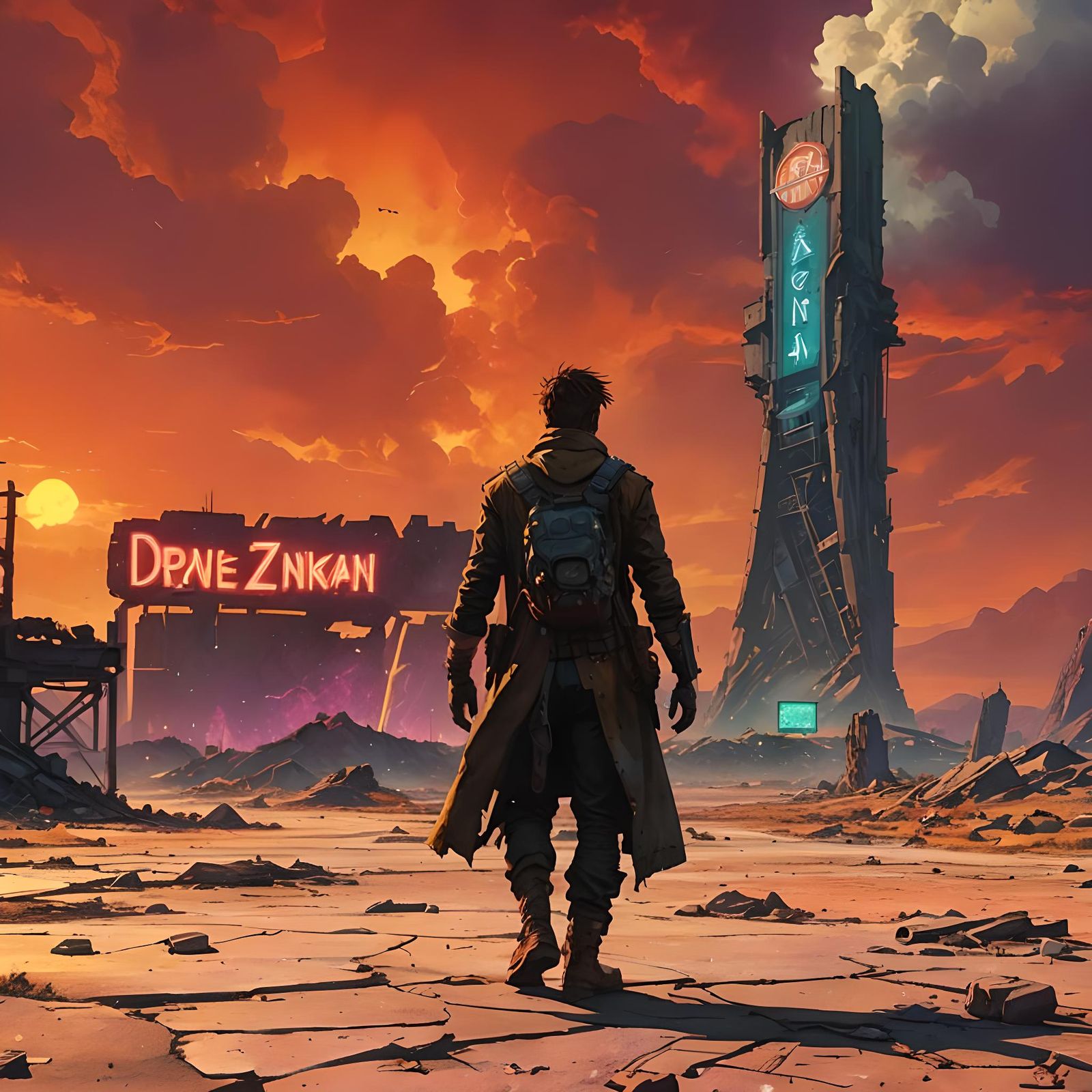 Post-Apocalyptic Desert Landscape with Ruined Casino