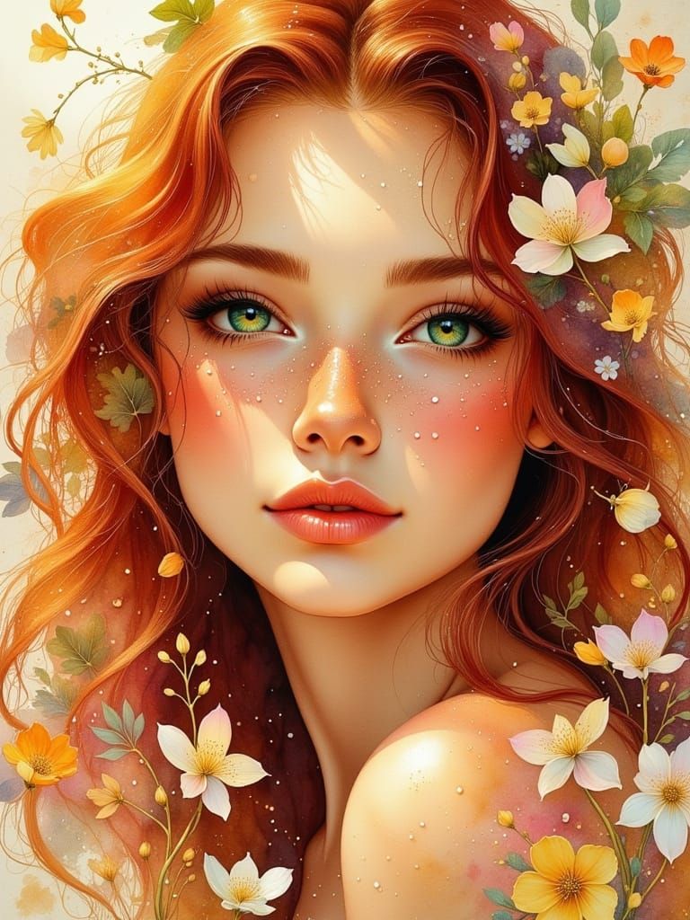 Elegant Watercolor Portrait with Flowers and Sunlight
