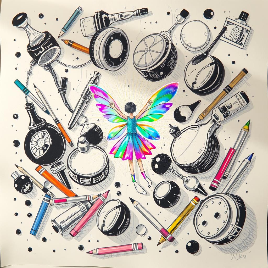 Surreal Child's Drawing with Rainbow Fairy