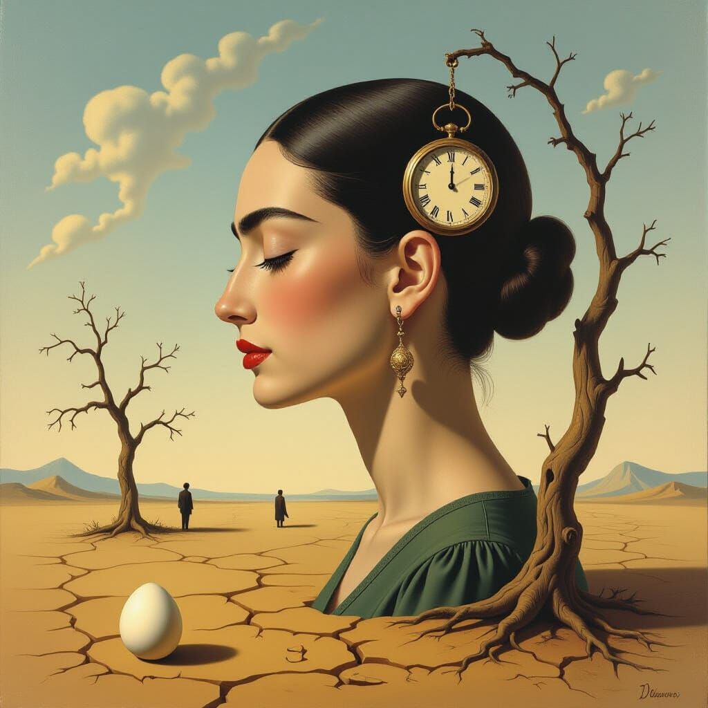 Surreal Dreamscape with Giant Head and Melting Clock
