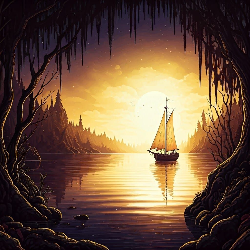 Sailing Boat Dreamscape in Watercolor and Ink