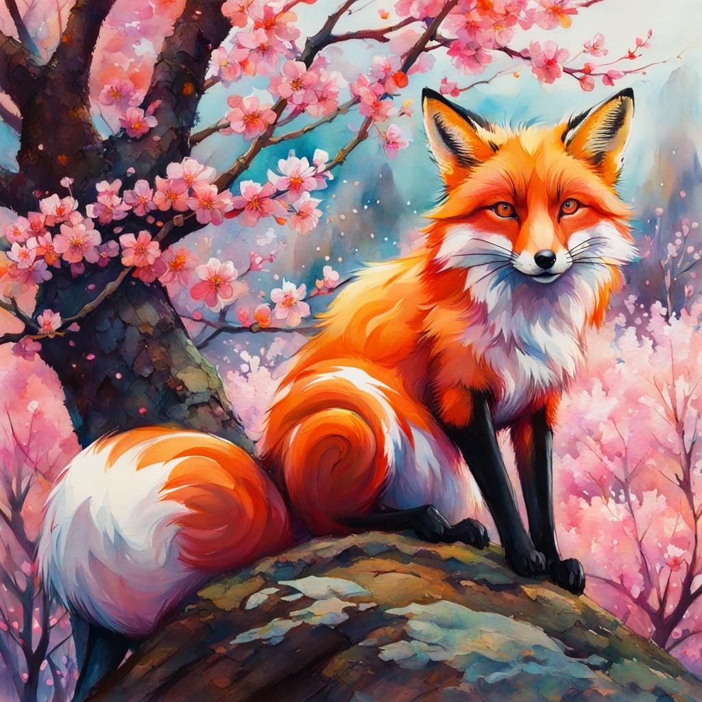 Fox Under Cherry Blossom in Watercolour Style