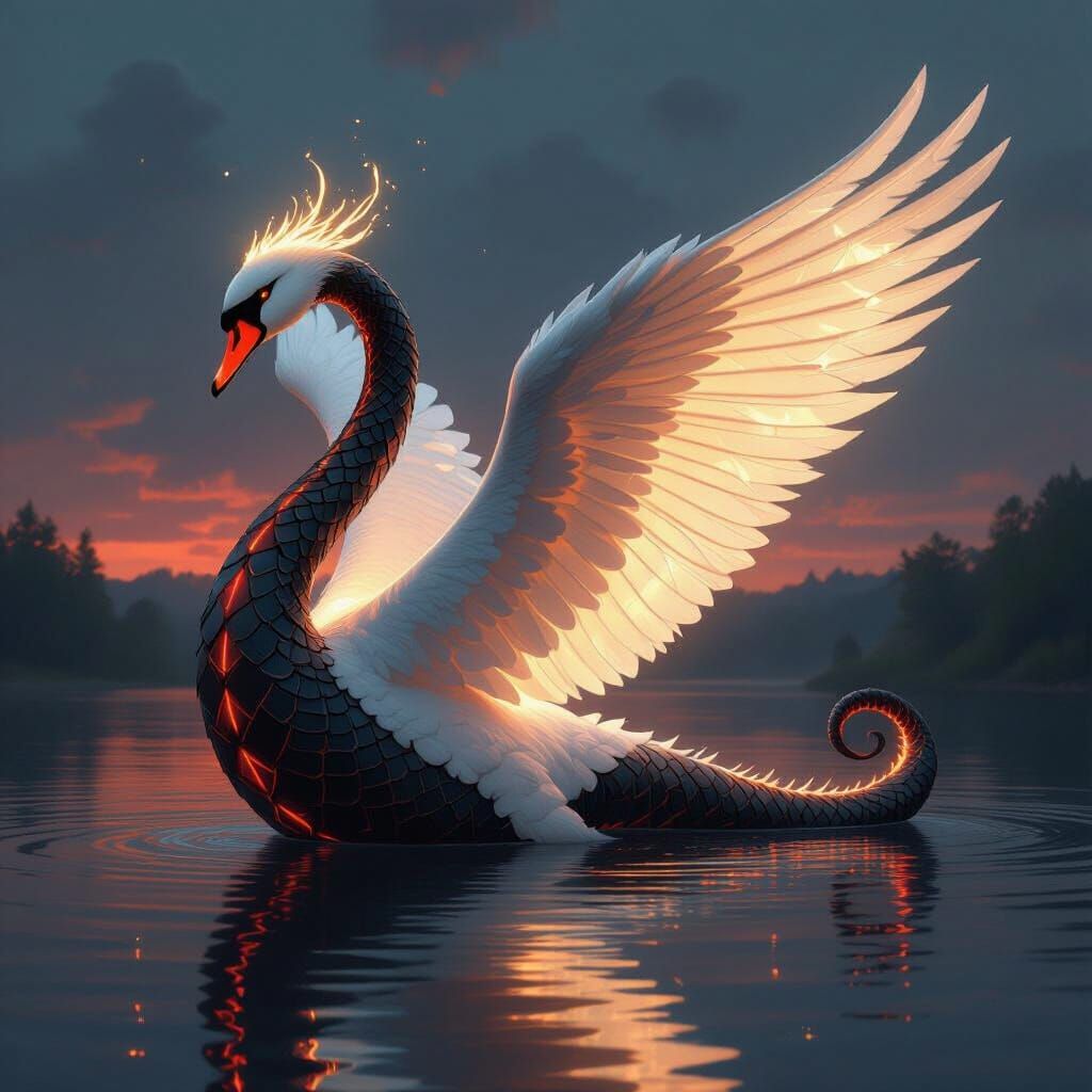 Swan-Dragon Hybrid Soaring Over Twilight Lake