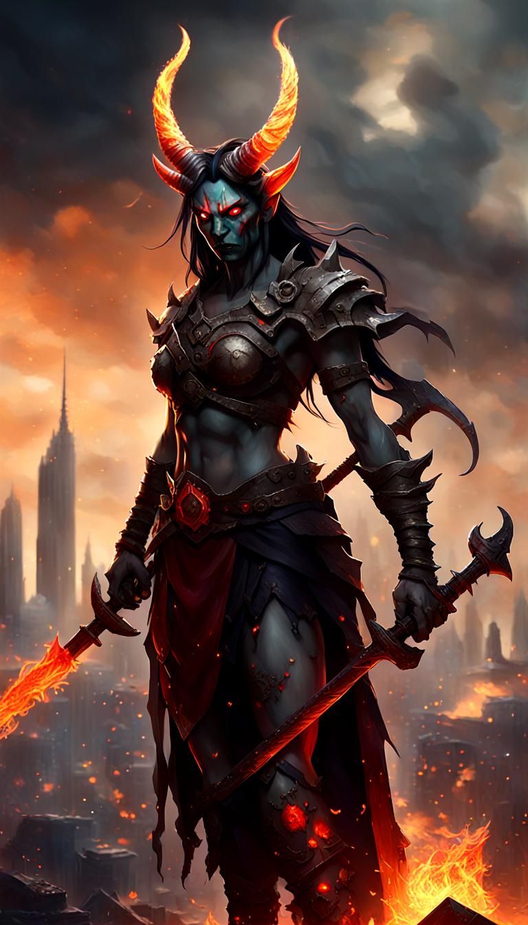 Demonic Warrior Woman with Flaming Sword in Anime Style