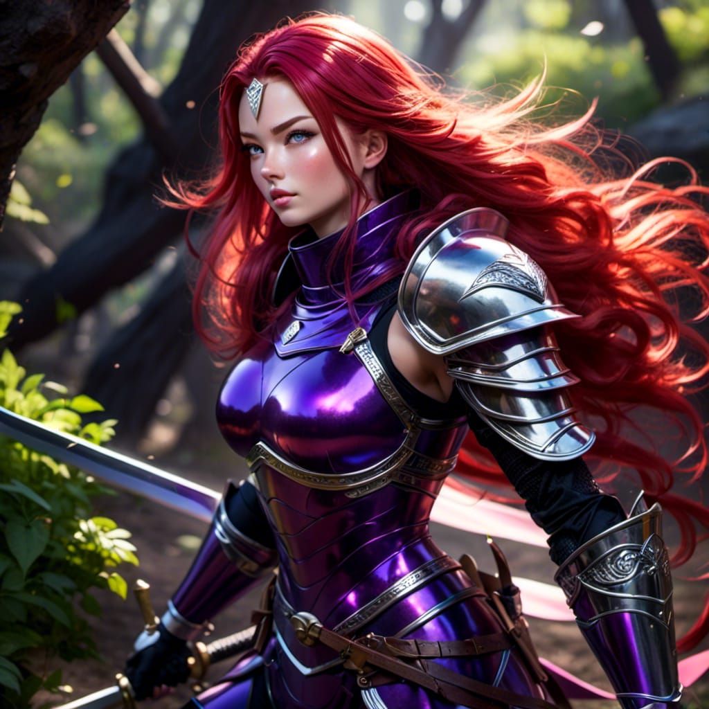 Female Knight in Neon Armor with Red Hair