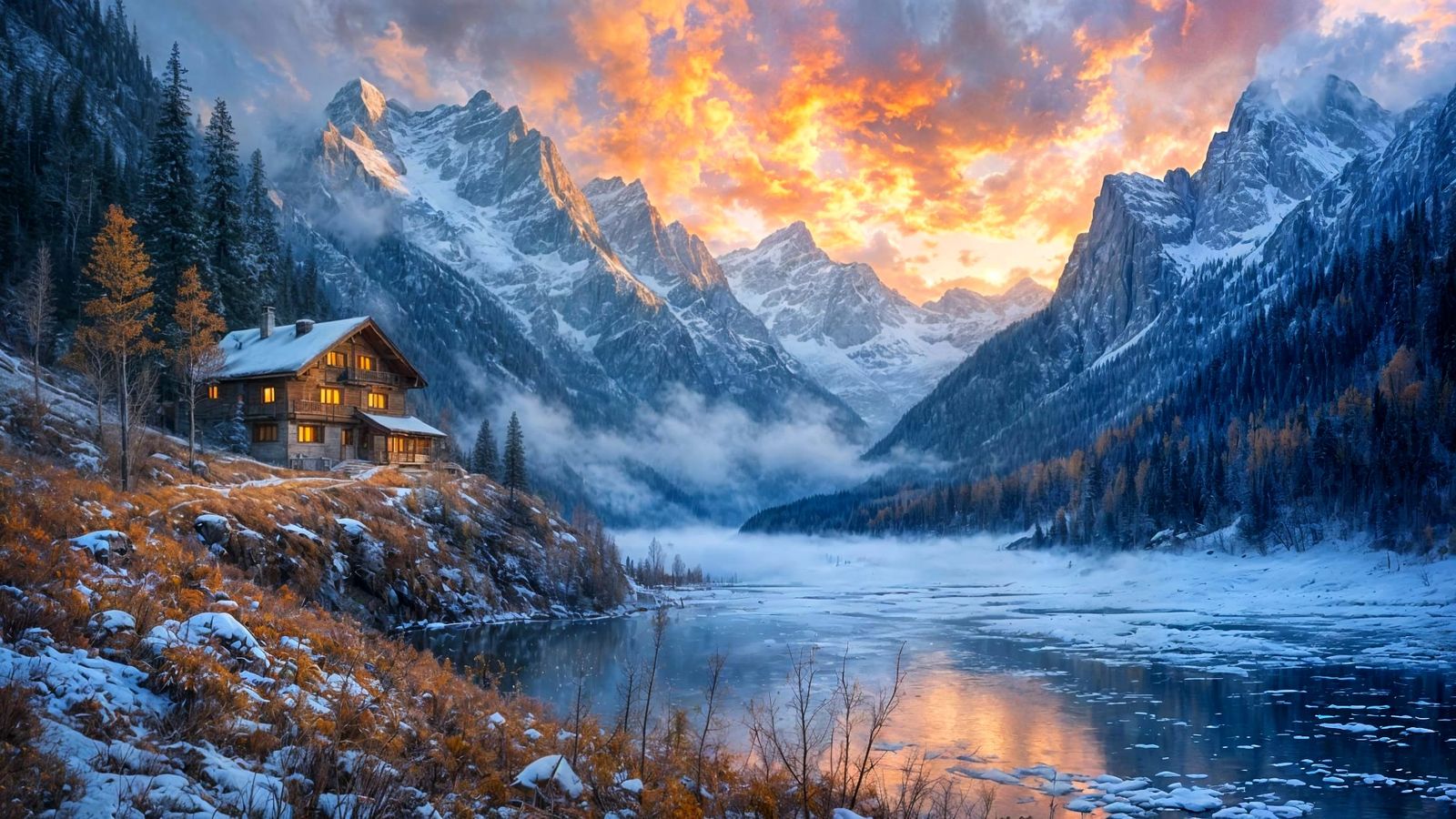 Romantic Oil Painting of Swiss Alps at Sunset