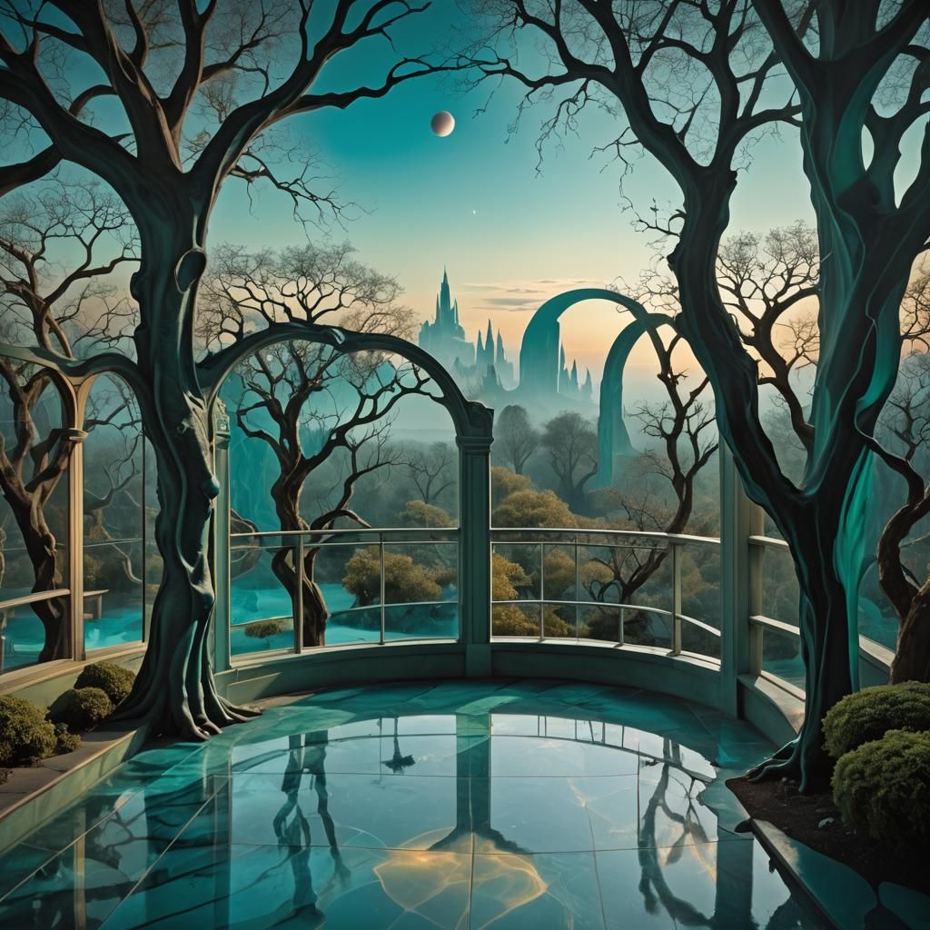 Alien in Surreal Dreamscape with Floating Windows