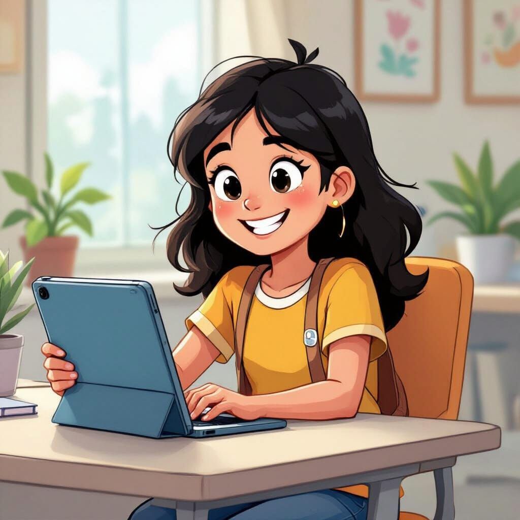 Happy Girl Interacting with Tablet in Cartoon Style