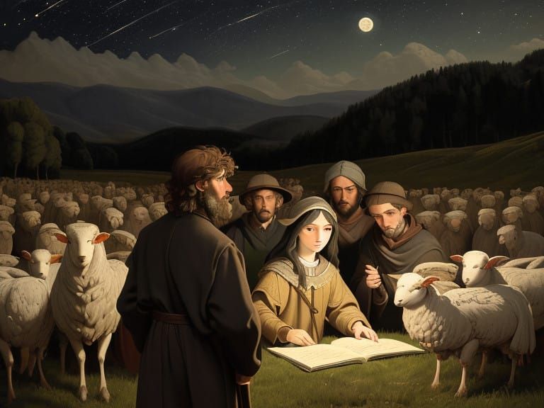 Angel Appears to Rapt Shepherds in a Moonlit Rural Landscape