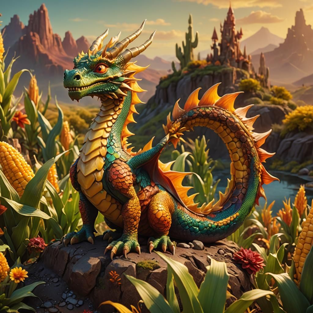 Dragon-Corn Fusion in Fantastical Landscape