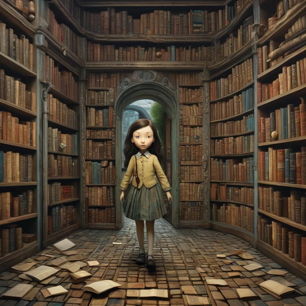 Girl Runs From House of Libraries: Surreal Art