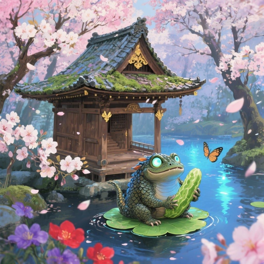 Kyoto Pagoda Amidst Cherry Blossoms with Kappa