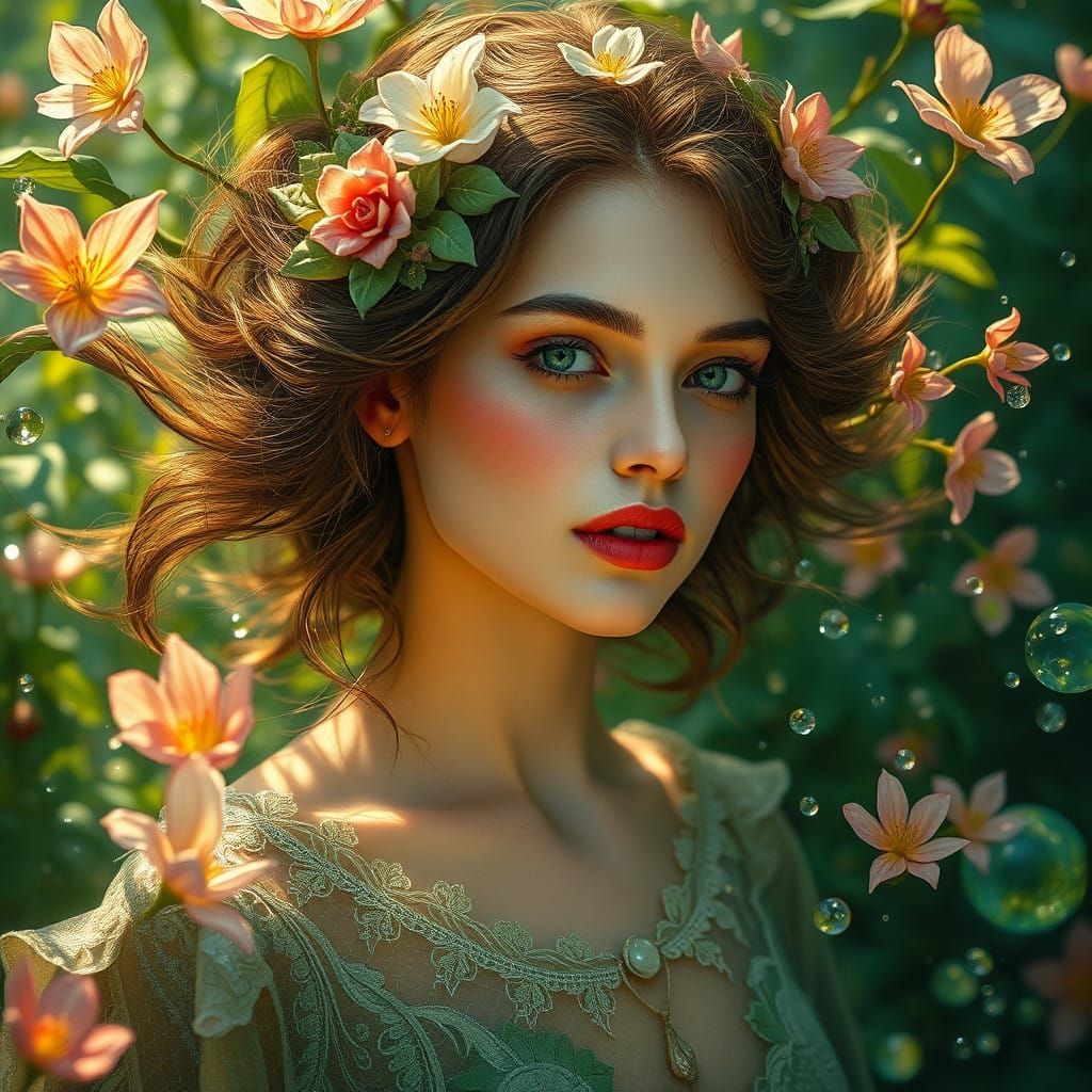 Mystical Goddess Surrounded by Vibrant Floral Whirlwind in E...