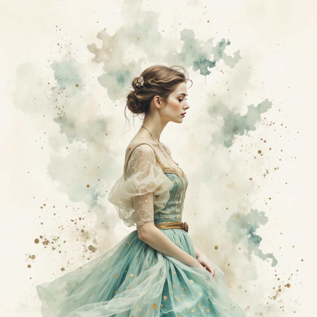 Dreamy Woman in Watercolor, Flowing Tulle Skirt