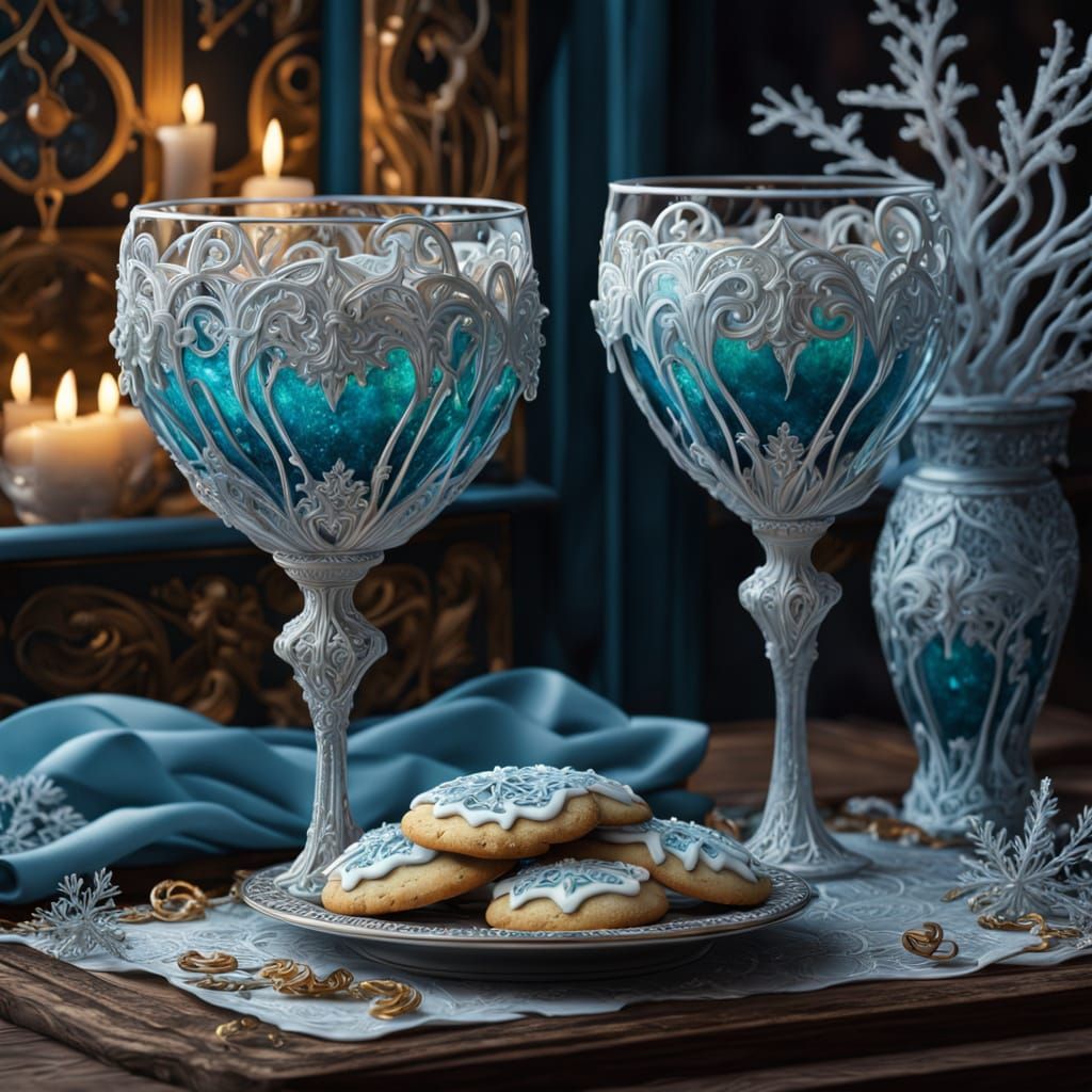 Art Nouveau Winter Fairytale Cookies and Champagne Glasses