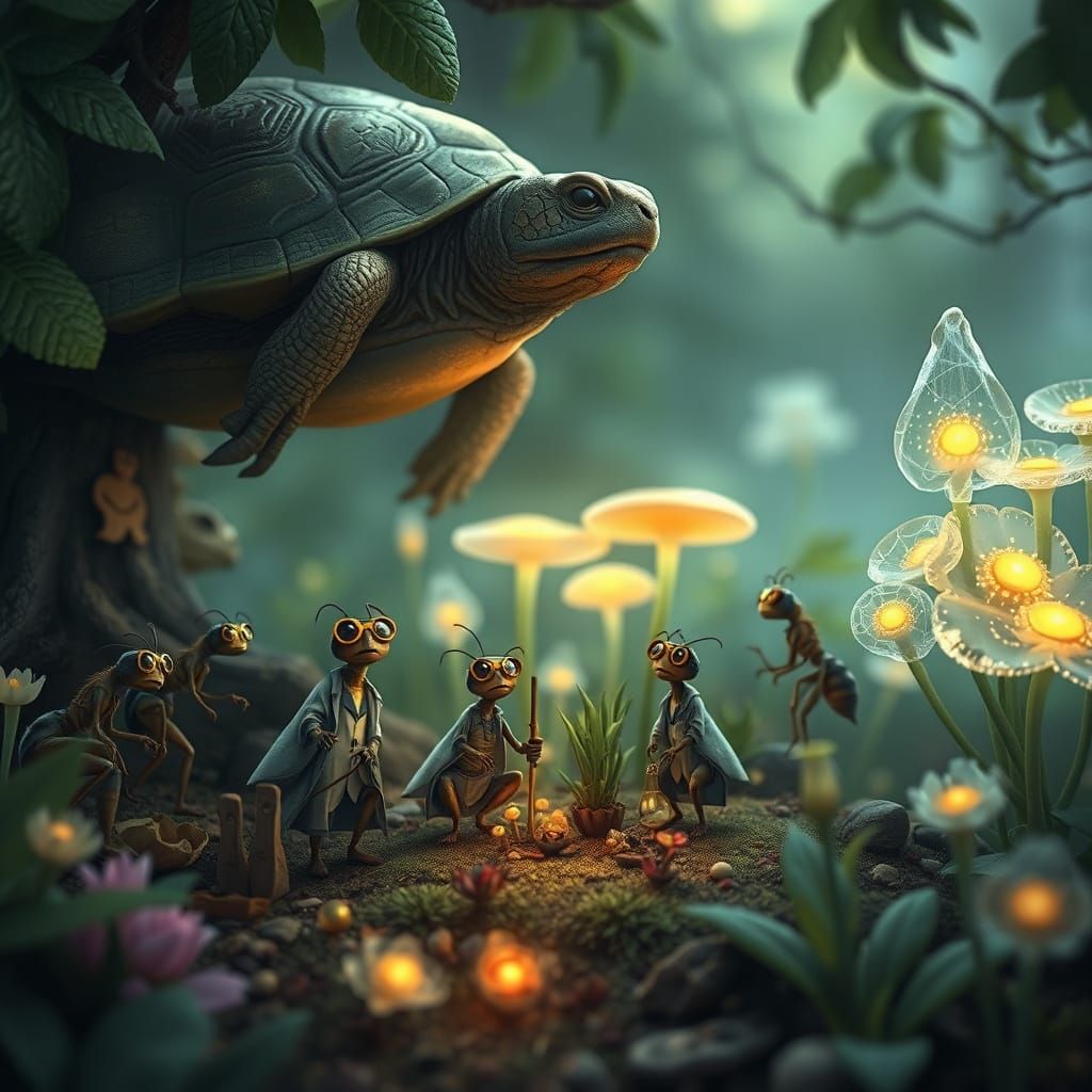 Sentient Ants Cultivate Garden Under Singing Turtle