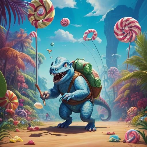 Troll and Baby Dinosaur in Candyland Art Style