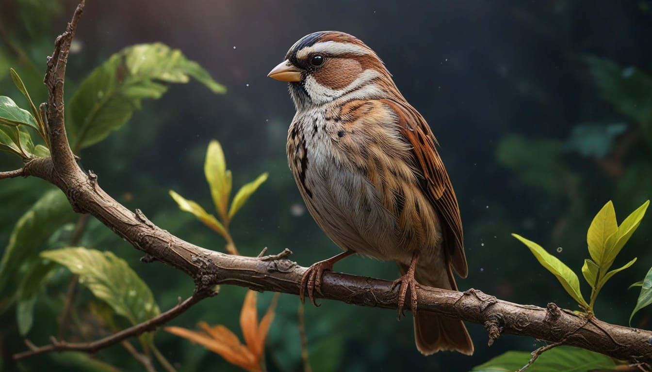 Hyperrealistic Sparrow in Lush Foliage, Splash Art Style