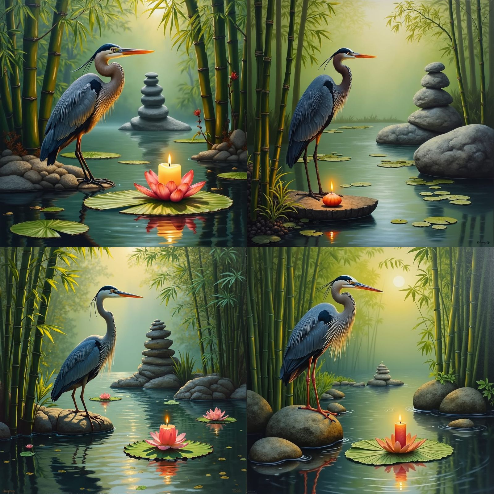 Heron in Serene Bamboo Landscape with Candlelit Lilly Pad