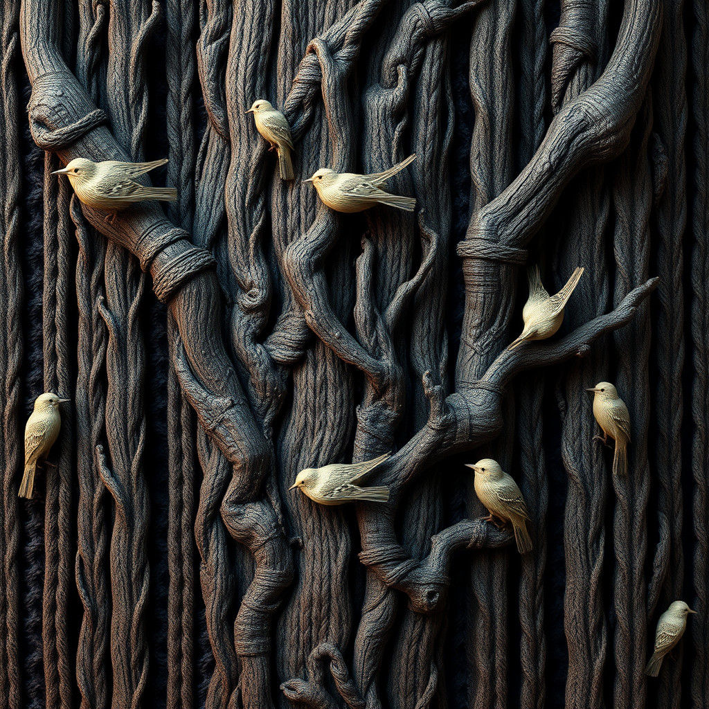 Knitted Tree Bark Pattern with Birds: Fantasy Art