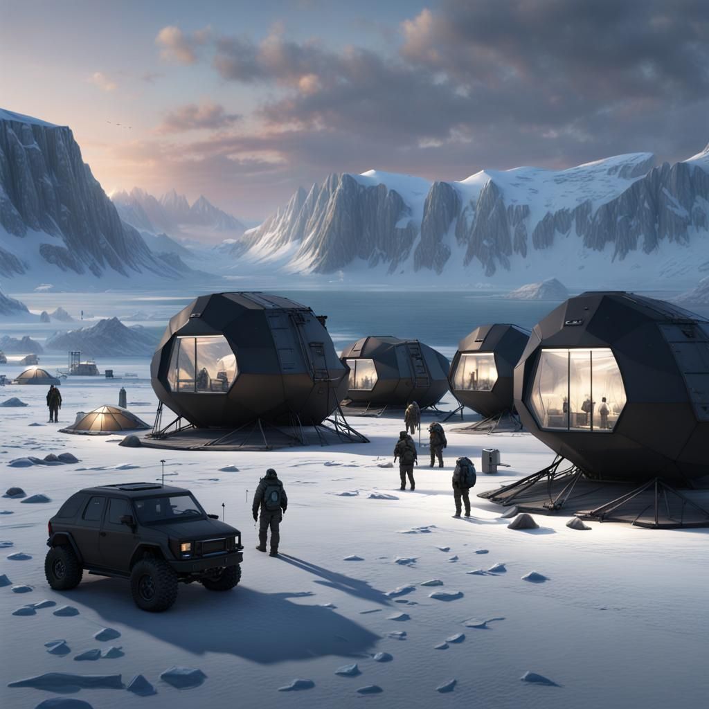 Futuristic Arctic Research Base at Dusk in Cyberpunk Style