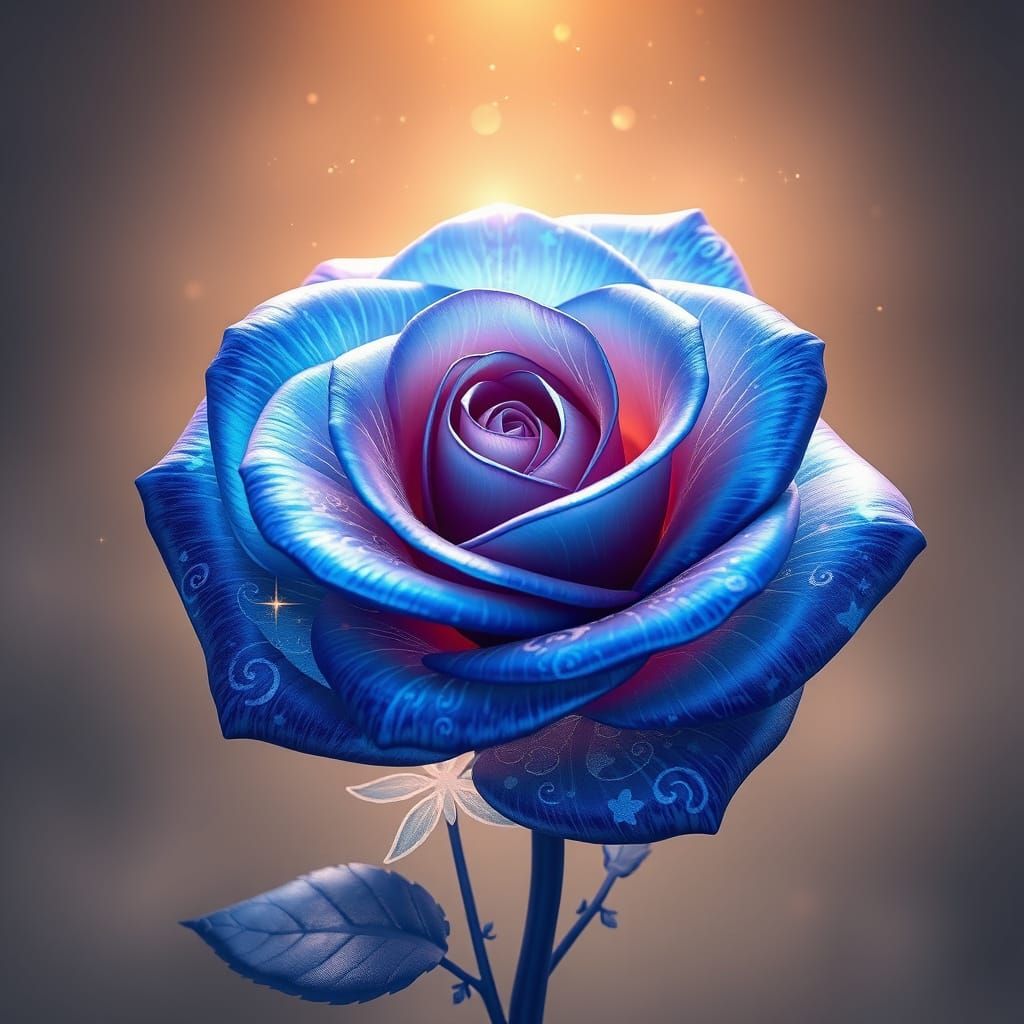 A 3D render of a mesmerizing blue rose with iridescent petal...